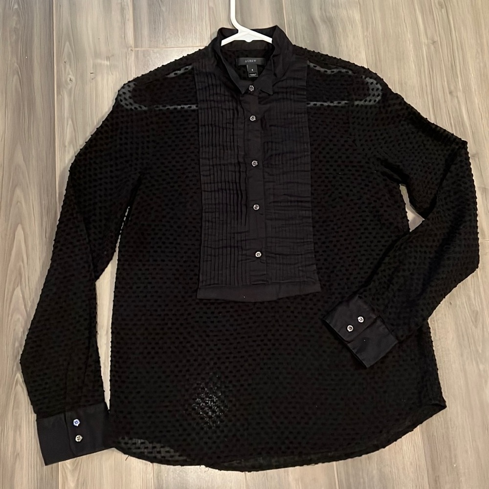 J. Crew women’s black blouse in classic pattern transparent fabric.